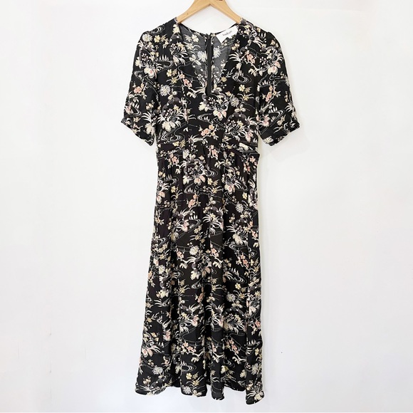 Ba&sh Floe Floral Midi Peasant Dress V Neck Short Sleeve Pleated - Picture 6 of 12